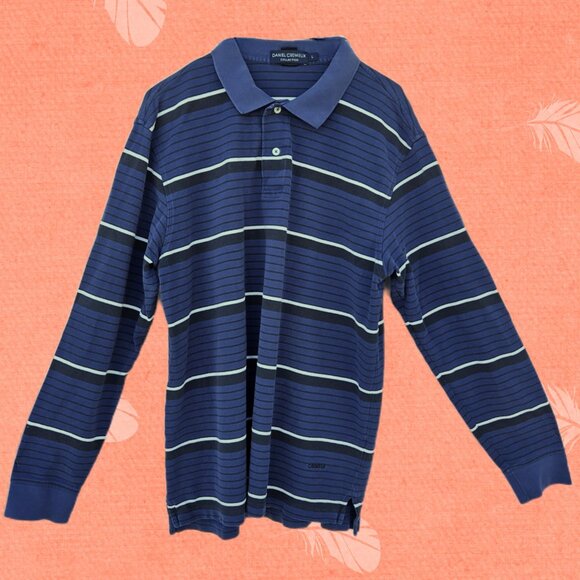 Daniel Cremieux Men's Dk Blu/Blk/White Striped Long Sleeve Cotton Polo Shirt - L - Picture 1 of 10